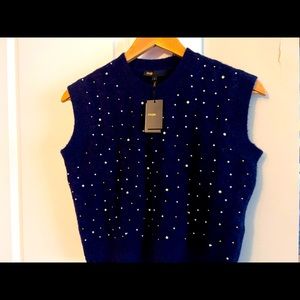Cardigan/ Vest Cashmere and Wool, dark blue with pearls and gold studs.